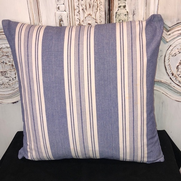 Home Decor Blue and Cream Awing Stripes Accent Pillow With Feather Insert - Picture 1 of 7